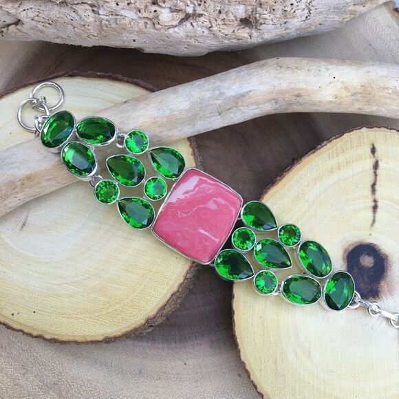 Rainbow Calsillica & Peridot Sterling Silver Toggle Bracelet - Picture 1 of 4